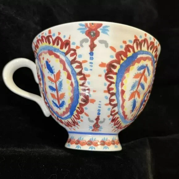 ANTHROPOLOGIE Paisley Floral Mug Pedestal Mug Red Blue Boho Style. - Picture 3 of 6